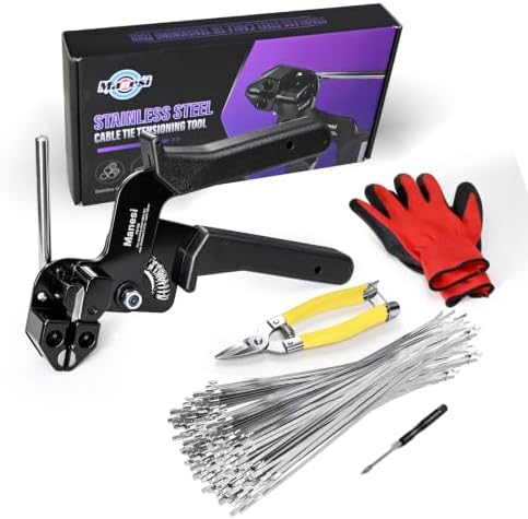 106PCS Heavy Duty 304 Stainless Steel Cable Tie Gun Kit, Includes 100PCS 11.8 Inch Metal Zip Ties, Self-Locking, UV & Corrosion Resistant, for Fence, Exhaust Pipe, Chicken Coop, Farm Use by Manesi