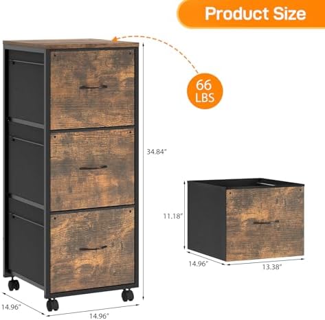 VINGLI 3 Drawer File Cabinet 34.8” Height, Rolling File Cabinet Mobile Tall File Cabinet with Wheels, Fabric Drawers Printer Stand for Home Office, Fits Letter Size, Rustic Brown - Image 3