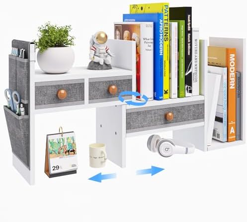X-cosrack Adjustable Desk Shelves for Storage, Desktop Bookshelf with 3 Drawers, White Wood Desk Shelf for Top of Desk, Corner Desktop Organizer for Women Office by X-cosrack