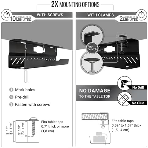 Under Desk Cable Management Tray no Drill – Wire Management - Cord Organizer – Huge Load Capacity – Under Desk Cable Tray no Drill (Black, 2 Pieces Set) - Image 3