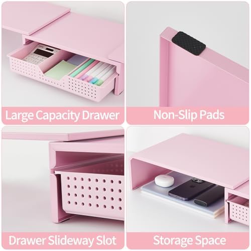 LEKETREE Dual Monitor Stand Riser with Drawer, Desk Organizer and Accessories, Pink Monitor Stand for Desk, Desktop Stand for Computer, Laptop, TV and More (Pink) - Image 6