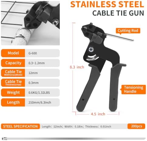 Metal Zip Tie Tool Set，Stainless Steel Cable Tie Gun Kit with 200pcs 12inch Metal Zip Ties heavy duty outdoor(300LBS) and Industrial Cutting Tool,Corrosion Resistant for Fence, Pipe, Industrial Use - Image 2