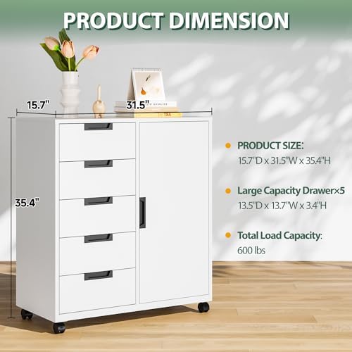 MIIIKO 5 Drawer Storage Cabinet with Door and Shelf, Mobile Lateral Cabinet on Wheels, Office Small Organizer Printer Stand, White File Cabinets - Image 3