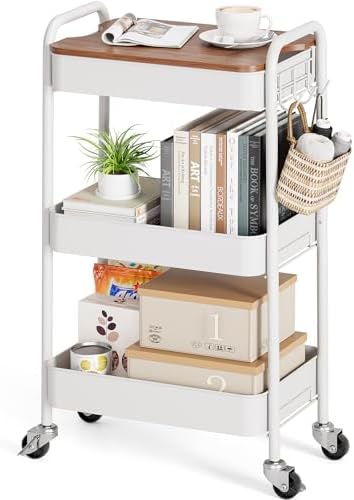 TOOLF 3 Tier Rolling Cart, Metal Utility Storage Cart with Wheels, White by TOOLF