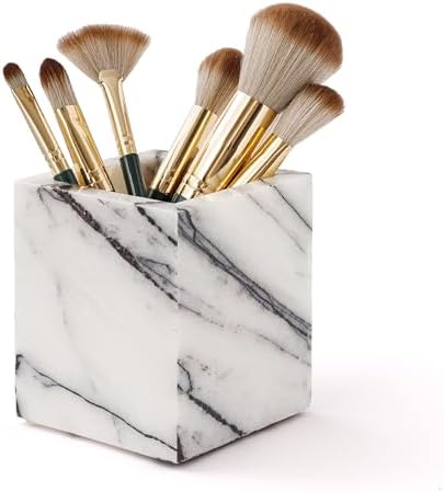 Natural Lilac Marble Toothbrush Holder 3.93Inch Solid Stone Makeup Brush Organizer, Luxurious Pen Holder, Square Utensil Storage Container for Bathroom, Office, Countertop Home Decor (WH097) by WORHE
