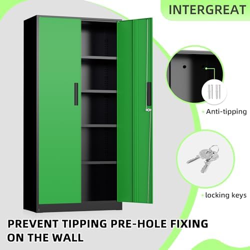 INTERGREAT Metal Storage Cabinet, 72" Locking Steel Cabinets with 2 Door and 4 Adjustable Shelves, Tall Metal Cabinet for Home Office, Garage, Warehouse,(Black+Green) - Image 6