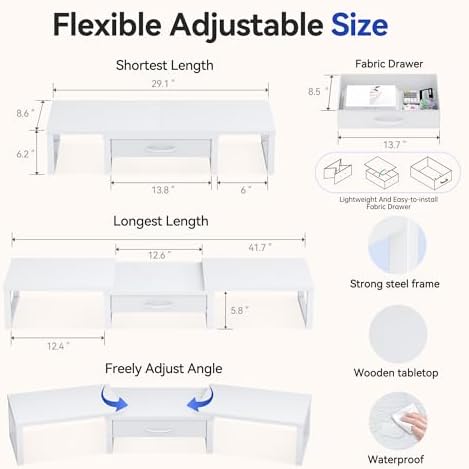 Dual Monitor Stand Riser, Desk Organizers and Accessories with Drawer, Computer Monitor Stands for Desk, Adjustable Desktop Shelf for PC Laptop Printer TV, White - Image 2