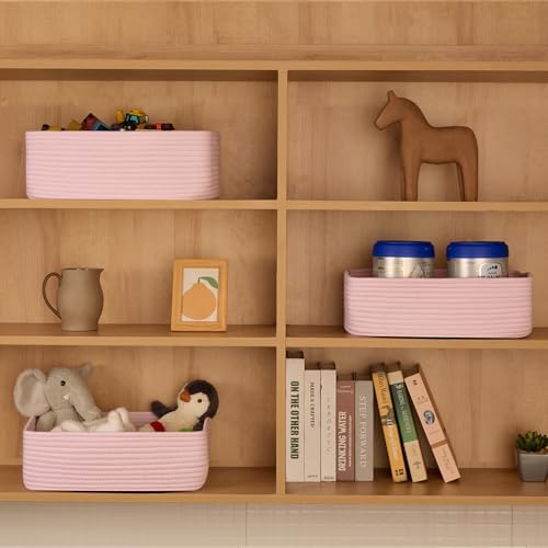 MiniArk Large Shallow Organizing Baskets 15x11x5.1 Inches - Rope Woven Storage Bins for Bathroom, Shelves, Cube Closet, Light Pink 3 Packs - Image 3