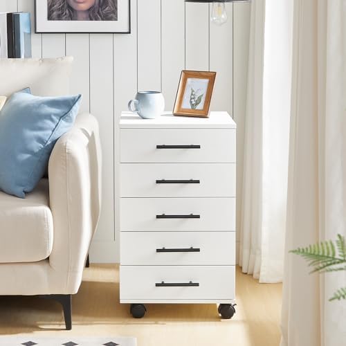 HOOBRO 5-Drawer File Cabinet, Office Filing Cabinet with Drawers, Wooden Mobile Storage Cabinet with Wheels, for Makeup, Home Office, Easy Assembly, White WT05WJ01G1 - Image 5