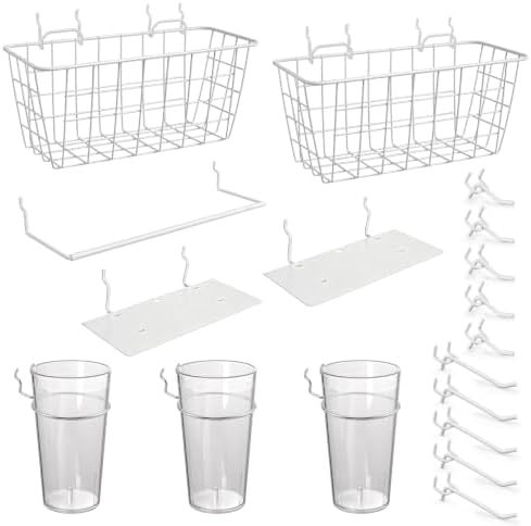 Pegboard Organizer Accessories, 18 Pack Baskets Cups Hooks (White+Clear) by GCORE