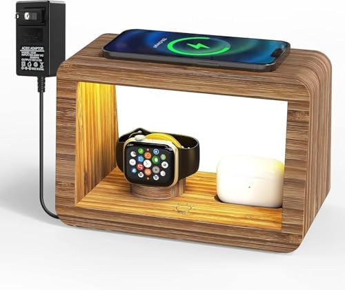 Bamboo Charging Station for Multiple Devices, 15W Fast Wireless Charger Night Light with 3 Color& 4 Adjustable Brightness, Night Stand Charger Station for iPhone/iWatch/AirPods (6953) by Alltripal
