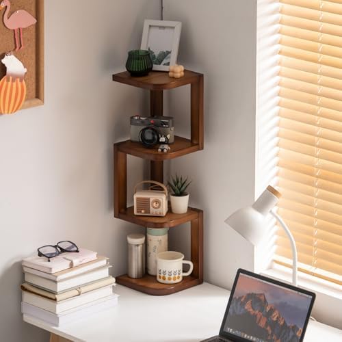 Corner Shelf Stand Desk Organizer,26.8" H Rubberwood Brown Rack for Small Spaces, Bedroom,Home Office,Kitchen,Bathroom (Walnut, 4 Tier) - Image 2