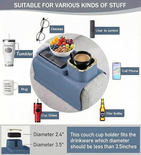 Luxury Gold Trim Couch Cup Holder Tray - Weighted Anti-Spill Navy Blue Silicone Sofa Armrest Organizer, Non-Slip Recliner Tray Table for Drinks, Remote, Phone - Fits Most Couch Arms - Image 3
