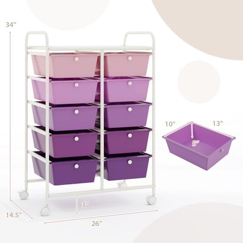LDAILY 10 Drawer Rolling Cart, Storage Cart Organizer on Wheels, Drawer Cart with Metal Frame & Large Storage Capacity, Rolling Cart with Drawers for Living Room Classroom, Office - Image 3