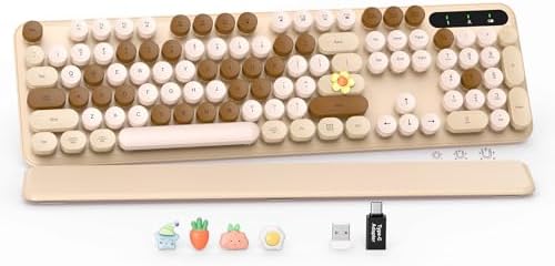 Wireless Keyboard, Round Keycaps, Retro Typewriter Keyboard with Magnetic Wrist Rest, Sleep Mode, Foldable Legs, 2.4GHz Full-Size Cordless Computer Keyboard for Windows PC, Laptop (Beige & Brown) by SABLUTE