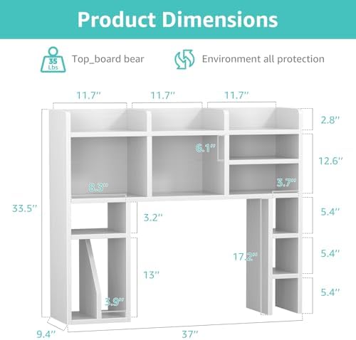 NUTIKAS White Desk Hutch Dorm with Shelves and File Organizer - 37" Wood Desktop Hutch for College Room, Desktop Bookshelf for Computer Desk, Space Saving Bookshelf - Image 3