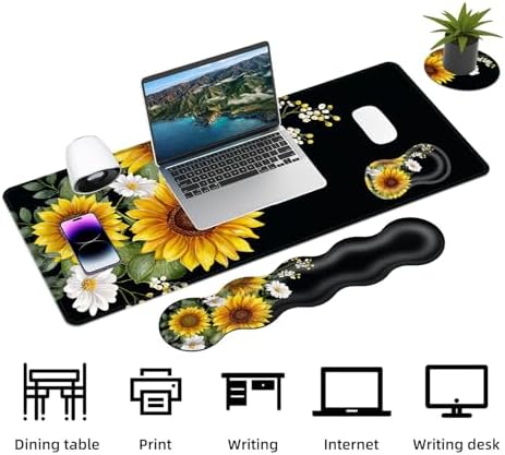 Keyboard Mouse Pad Set, Extended Gaming Mouse Pad+Ergonomics Keyboard Wrist Rest Support, Memory Foam, Easy Typing Pain Relief, 4Pcs XL Ultra Thick Desk Mat,Sunflowers Floral Patterns - Image 3