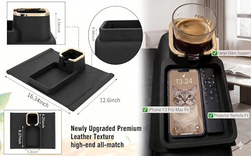 Luxury Gold Trim Couch Cup Holder Tray - Weighted Anti-Spill Midnight Black Silicone Sofa Armrest Organizer, Non-Slip Recliner Tray Table for Drinks, Remote, Phone - Fits Most Couch Arms - Image 4