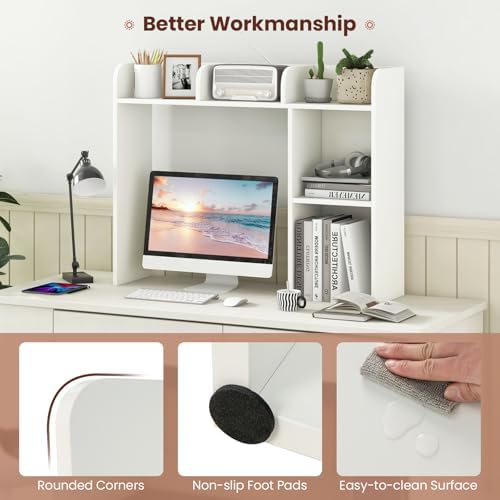 DREAMADE Desk Shelf, 3-Tier Table Top Desktop Bookshelf for 27” Monitor w/ 5 Open Display Racks, Non-Slip Foot Pads & Anti-Tipping Device, Desk Hutch for for Dorm, Office, Home, Study, 29”H (White) - Image 6
