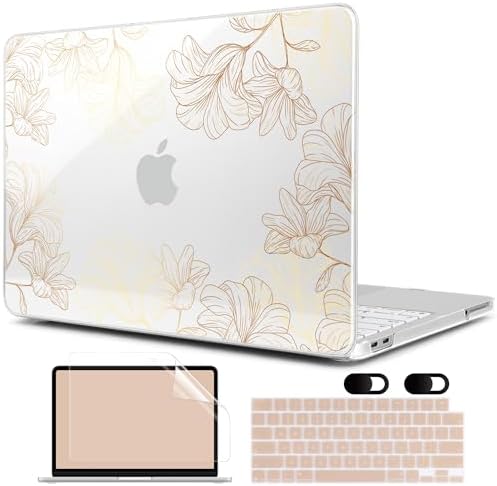 MEEgoodo 4-in-1 Printed Case for MacBook Neo 13 inch 2026 Release Model A3404, Laptop Hard Shell Cases with Keyboard Skin & Screen Protector & Webcam Covers, Drawn Golden Floral by MEEgoodo
