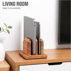 SIEUSALEVN Vertical Laptop Stand, Dual Slot Wooden Laptop Holder for Desk, Width Adjustable Dock for MacBook Pro, Laptops & Tablets, 100% Natural Wood Desktop Organizer. - Image 3