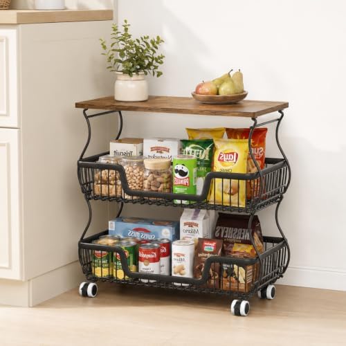 Fruit and Vegetable Storage, 3 Tier Fruit Basket with Wooden Top Table Kitchen Pantry Storage Bins and Organizers, Stackable Metal Rolling Cart for Vegetable Snacks Drinks Onion Potato Organization by Unknown