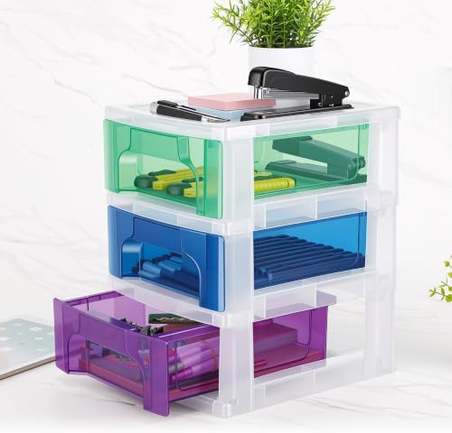 Plastic Desktop 3-Drawer Storage Organizer,Stackable Craft Drawer Storage Container For Art Craft Supplies,Office School Home (Green-Blue-Purple) - Image 6