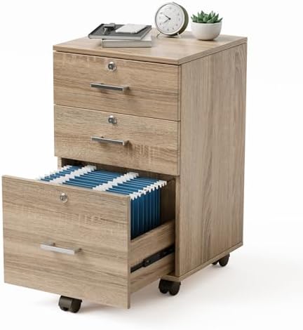 VINGLI 3-Drawer File Cabinet with Lock, Wood Rolling Filing Cabinets for Home Office, Mobile Printer Stand, Under Desk File Organizer for Letter Sized Files, 26" H(Caster Included), Oak by VINGLI