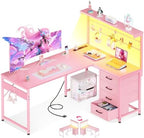 MOTPK 51" L Shaped Gaming Desk with Shelf & 4 Drawers, Carbon Fiber Pink by MOTPK