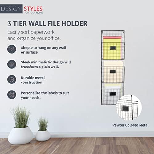 Designstyles Three Tier Wall File Holder – Durable Pewter Metal Rack with Spacious Slots for Easy Organization, Mounts on Wall and Door for Office, Home, and Work - Image 4