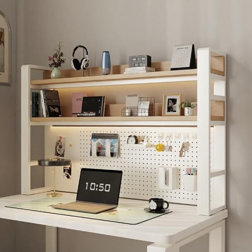 Desk Shelf Organizer for Top of Desk – Desktop Bookshelf with Pegboard & Storage Accessories, Adjustable Hutch for Dorm or Office, Steel Frame Display White frame + natural wood board 45.3*9.8*36.6in by Unknown