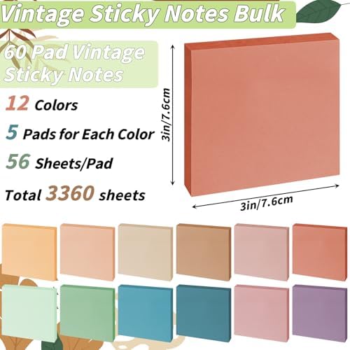 60 Pack Sticky Notes Bulk 3x3 Inch 12 Vintage Colors Memo Pads - Image 2