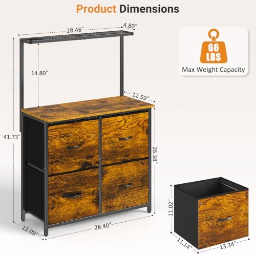 ThreeHio File Cabinet with 4 Fabric Drawers, Lateral Filing Cabinets for Home Office, Large Printer Stand with Storage Shelf, Office Storage File Organizer Hanging Letter/A4 Size Folders, Rustic Brown - Image 2
