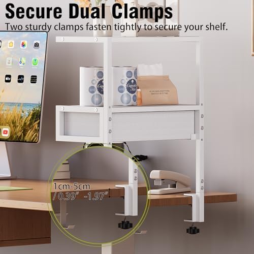 VENNQD Clamp On Desk Shelf, 2-Tier Desktop Organizer, Wood Desktop Supplies Tabletop Book Storage Rack with Adjustable Shelves for Table Working and Gaming Accessories, White - Image 5