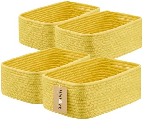 MiniArk Small Storage Baskets for Organizing | Closet Organizer Bins | Shelf Toy Basket | Woven Rope Baskets | Cube Decorative Box | Shallow Basket | 13x8.5x5.1” | 4 Packs Yellow by MiniArkStorageBasketsHome