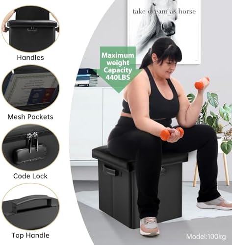DocSafe Storage Ottoman with Lock,Fireproof Folding Ottoman Foot Rest Stool Storage Chest with Storage Safe for Important Documents,Waterproof 13 Inches Short Ottoman Foot Stool with Handles,Black - Image 5