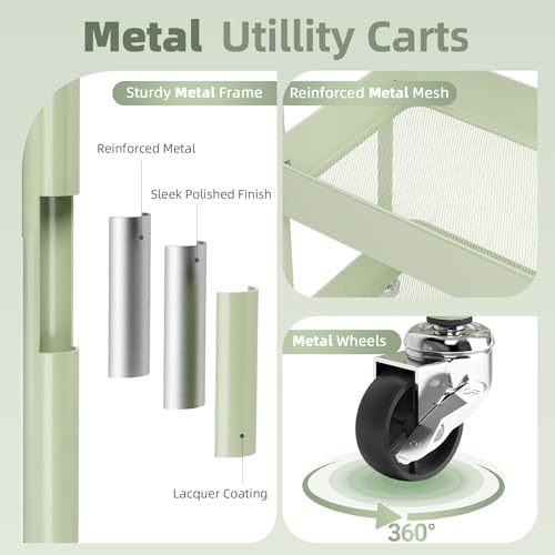 KINGRACK 3 Tier Metal Rolling Cart with Drawer, Green Utility Storage Cart - Image 4