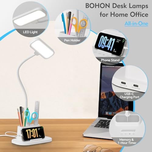 BOHON Desk Lamp for Home Office Desk Light with USB-C Charging Port White - Image 3