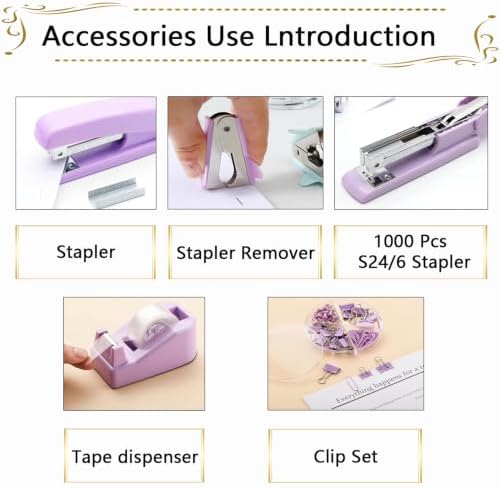 Office Supplies,Purple Desk Accessories,Stapler and Tape Dispenser Set for Women with Stapler,Tape Dispenser,Staple Remover,Staples,Clips,Scissors and Tabs,Gift for Student,Teacher,Coworkers,Business - Image 2
