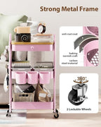 ALVOROG 3 Tier Metal Rolling Cart with Drawer,Wood Top,Pegboards,Pink - Image 5