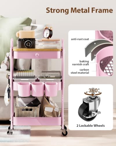 ALVOROG 3 Tier Metal Rolling Cart with Drawer,Wood Top,Pegboards,Pink - Image 5