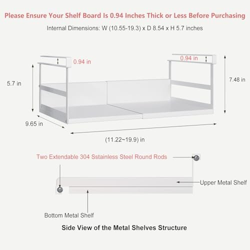 Expandable Under Cabinet Shelf Organizer with 0.94 Inches Thick Clips, Heavy Duty Extendable Under Shelf Storage Basket for Pantry or Laundry Room, White, 1 Pack, Interior: 5.7" H x 8.54" D - Image 3