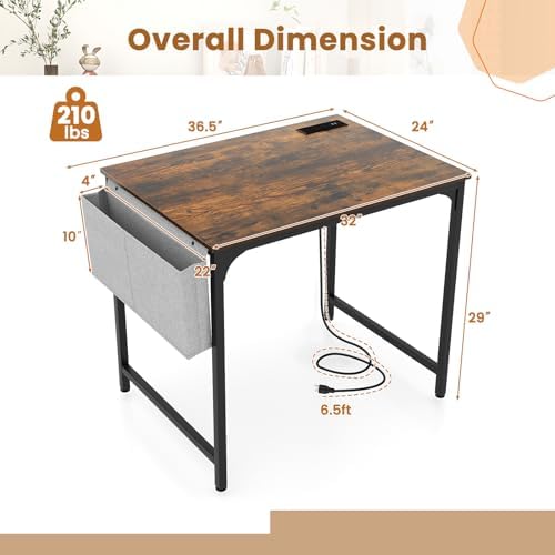 Giantex 32 Inch Computer Desk with Charging Station, Home Office Writing Desk with Storage Bag & Headphone Hook, Compact Gaming Table PC Workstation, Modern Simple Laptop Desk for Bedroom, Study - Image 3