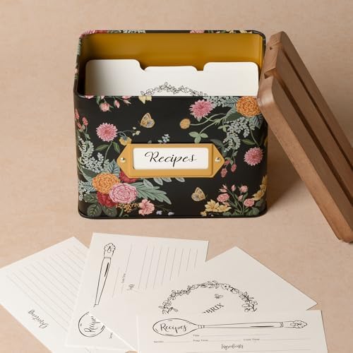 Cabbrix Recipe Box with 50 Cards and 24 Dividers, 4x6 Recipe Card Box Set, Wooden Lid with Phone Holder and Recipe Holder, Beautiful Metal Recipe Organizer, Dahlias - Image 2