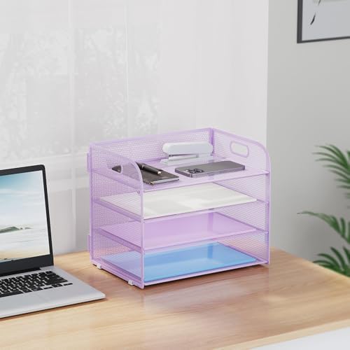 Marbrasse 2 Pack 4 Tier Paper Organizer Letter Tray - Mesh Desk File Organizer with Handle, Paper Sorter Organizer for Letter/A4 Office File Folder Holder (Purple, 12.6" x 9.1" x 10.7") - Image 7