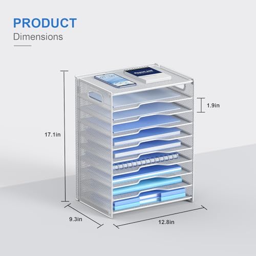 OUTWOLF 10 Tier Paper Organizer - Letter Tray Mesh Desk File Organizer with Handles for Office School Desktop, White - Image 3
