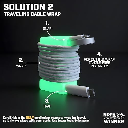 CordBrick 2PK Glowing Silicone + Steel Weighted Cable Holders for Nighstands, Cord Wraps for Travel, Unique iPhone Accessories. Small Graduation Gift for High Schoolers. Gadget for Teens. Green Glow - Image 3