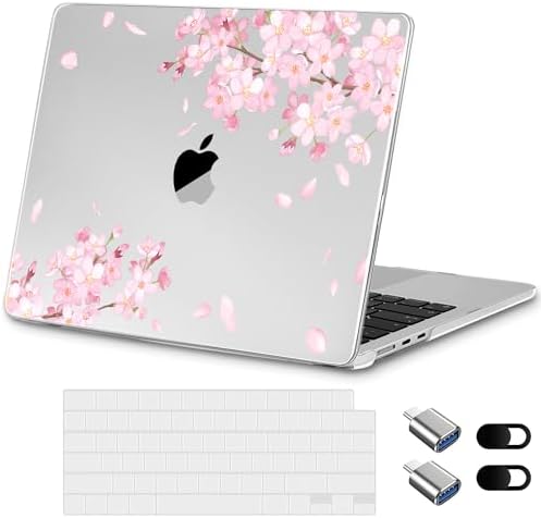for New MacBook Air 13 inch Case 2026 M5 2025 M4 2024 M3 Chip– Aesthetic Lightweight Floral Design Clear Hard Shell 6-in-1 Bundle with TPU Keyboard Cover & 2X OTG Adapters, Cherry Blossoms by Loyrina