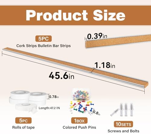 LILXIU 5 PCS Aluminum Trim Cork Board Strips for Walls 45.66 * 1.18 Inch Cork Strips Bulletin Bar Strip with Accessories Bulletin Board Strip for Home Office Classroom Decor - Image 2