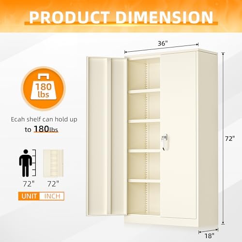 INTERGREAT Metal Storage Cabinet Doors, 72" Locking Steel Storage Cabinet with Shelves, Tall Lockable Steel Cabinets for Home Office, Garage(Grey) - Image 3